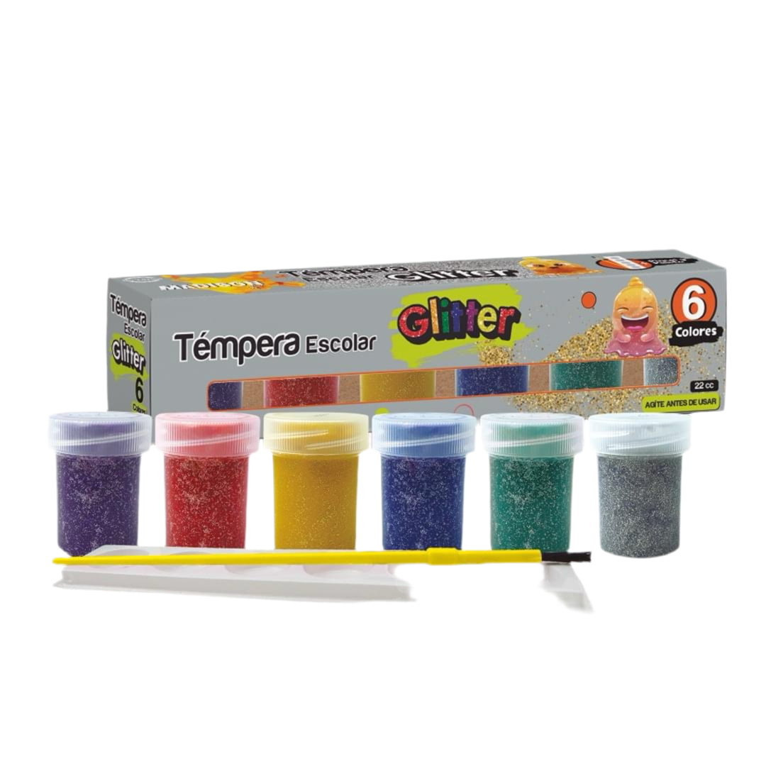 TEMPERA ESCOLAR CON GLITTER + PINCEL Y PALETA MADISON
