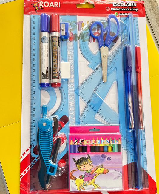 ESTUCHE GEOMÉTRICO ROARI + TIJERA + MARCADORES + COMPÁS + 2 LAPICEROS + BORRADOR + TAJADOR + LÁPIZ NEGRO + MINI CAJA DE COLORES