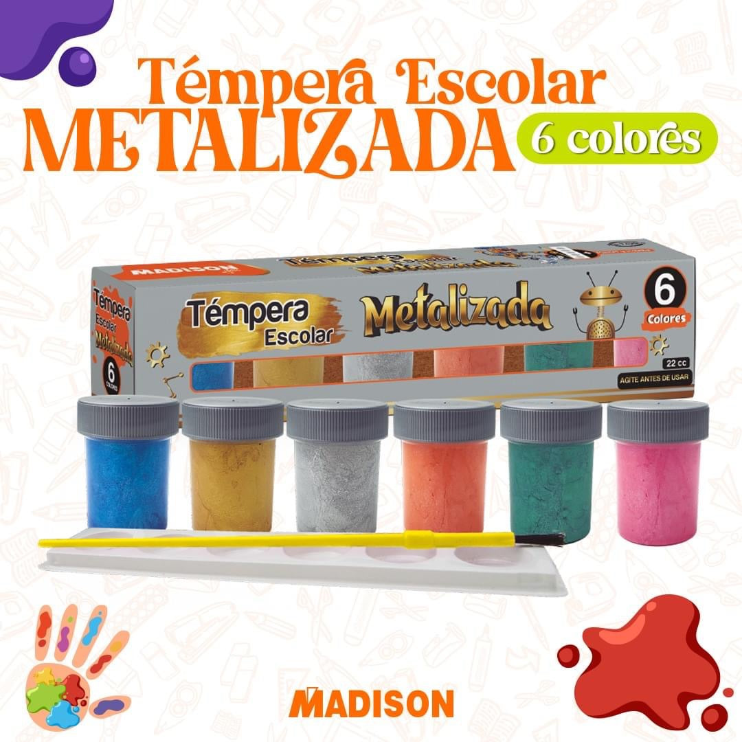 TEMPERA ESCOLAR METALIZADA + PINCEL Y PALETA MADISON