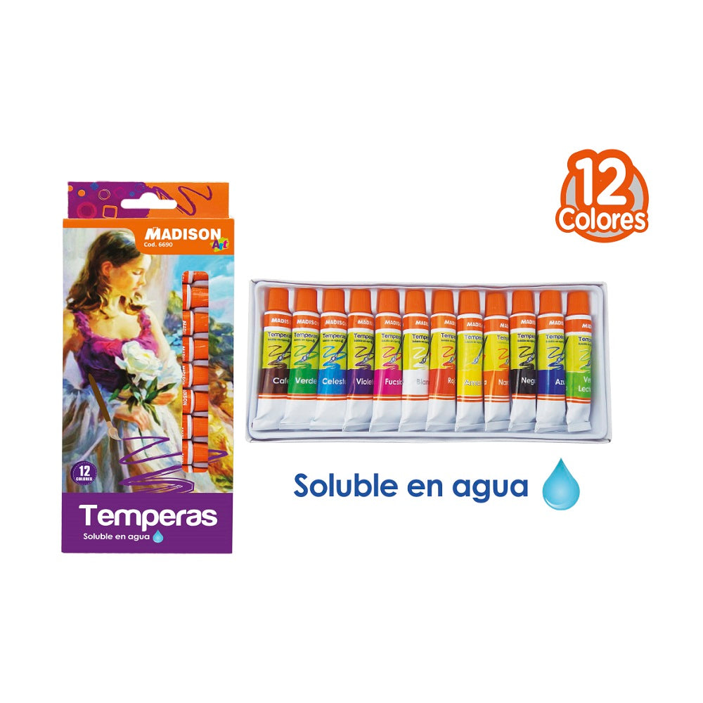 TEMPERA SOLUBLE EN AGUA 12 COLORES MADISON