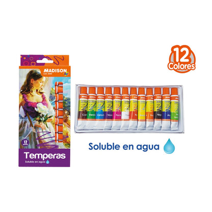 TEMPERA SOLUBLE EN AGUA 12 COLORES MADISON
