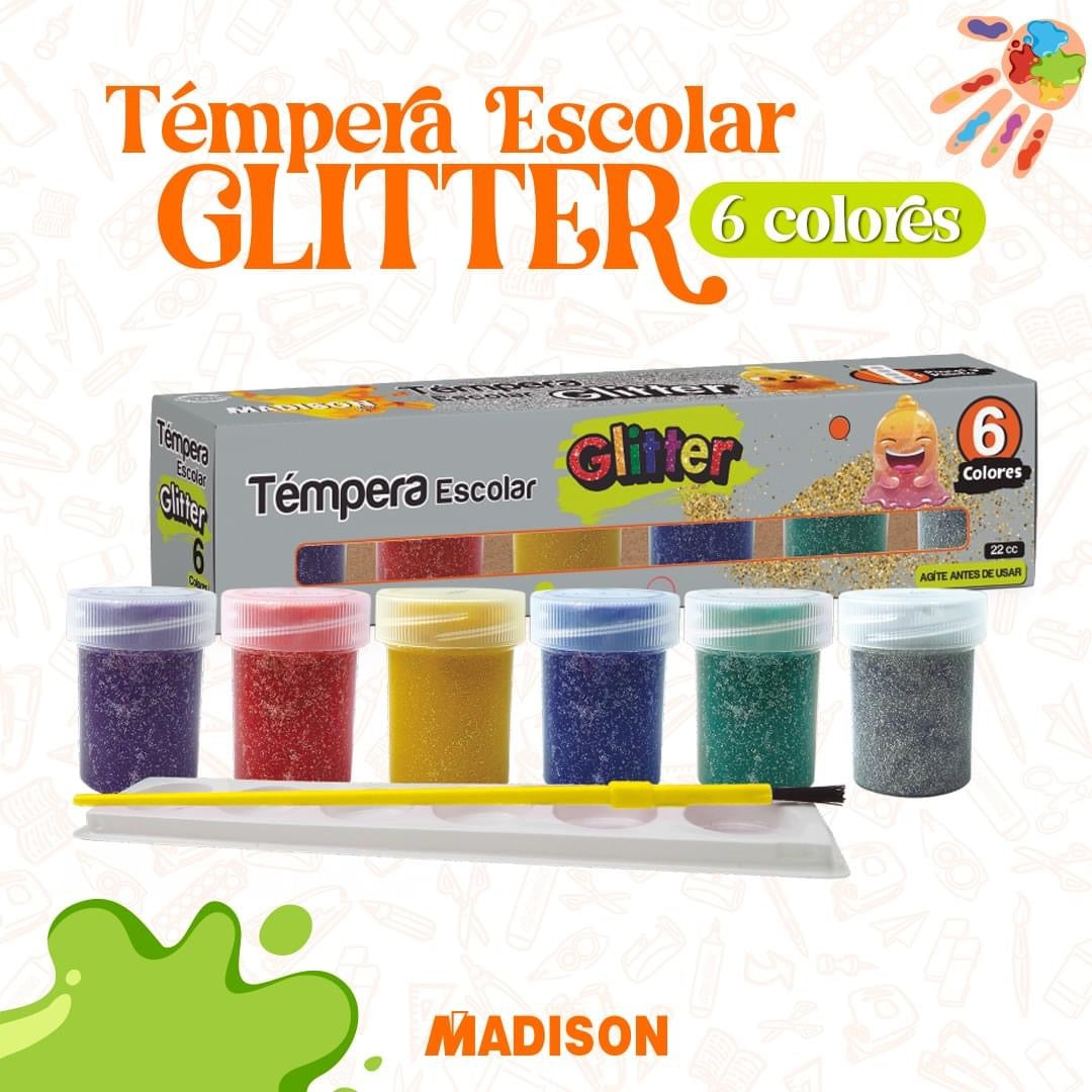 TEMPERA ESCOLAR CON GLITTER + PINCEL Y PALETA MADISON
