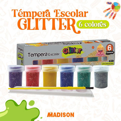 TEMPERA ESCOLAR CON GLITTER + PINCEL Y PALETA MADISON