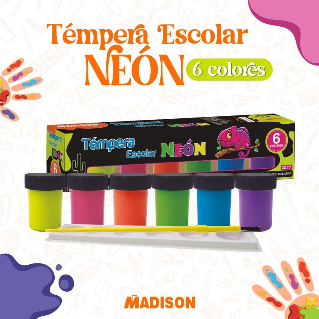 TEMPERA ESCOLAR NEÓN + PINCEL Y PALETA